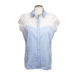 Peter Nygard Womens Button Up Top Blouse Med Lace Shoulder Chambray Blue Cotton